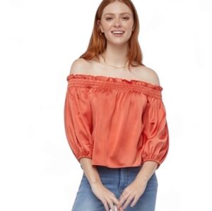 Off-shoulder silky puff sleeve flounce top in burnt Sienna red, orange S